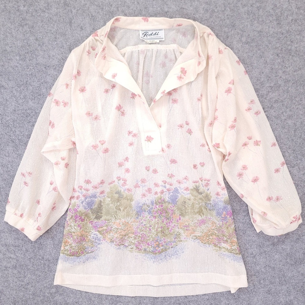 Teddi of California Vintage Floral‎ Border Print Blouse Cream Pink Silk Blend 12